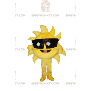 Mycket glad sol BIGGYMONKEY™ maskotdräkt med solglasögon. -