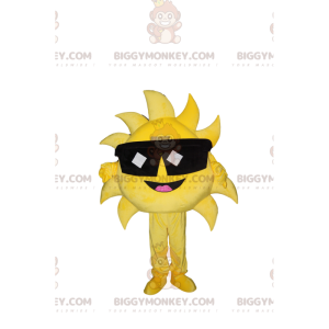 Very happy sun BIGGYMONKEY™ mascot costume with sunglasses. -