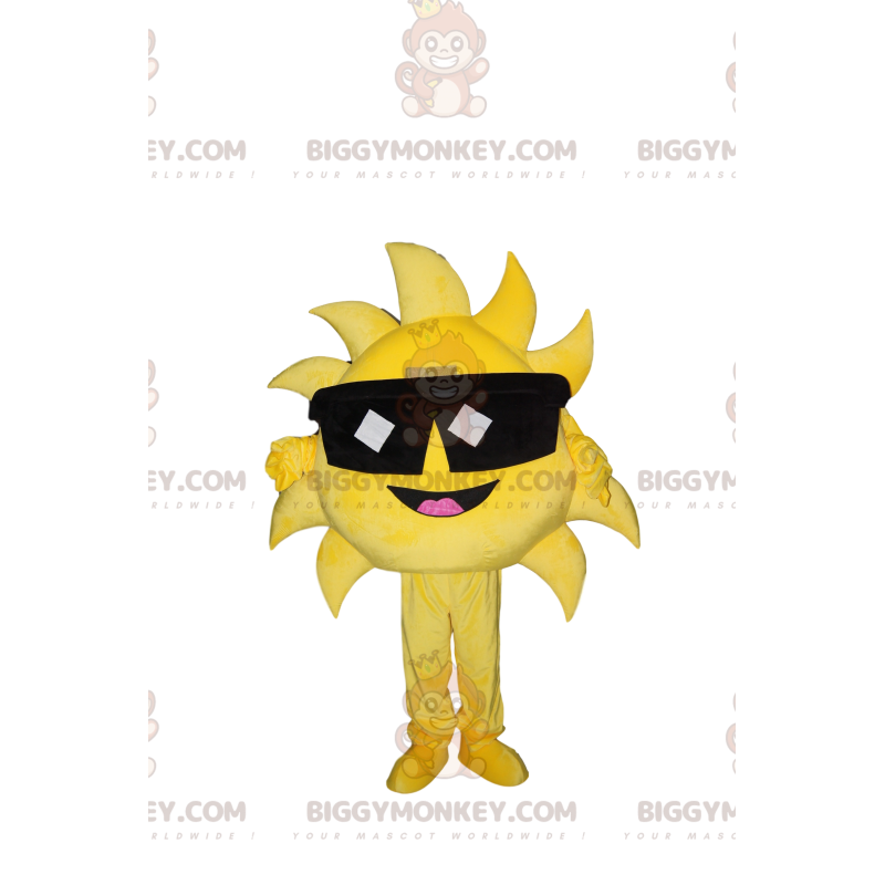 Very happy sun BIGGYMONKEY™ mascot costume with sunglasses. -