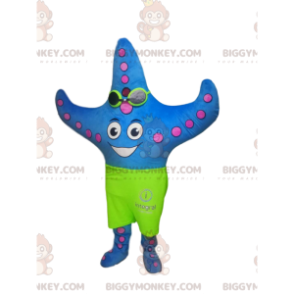 Blauwe zeester BIGGYMONKEY™ mascottekostuum met neongroene