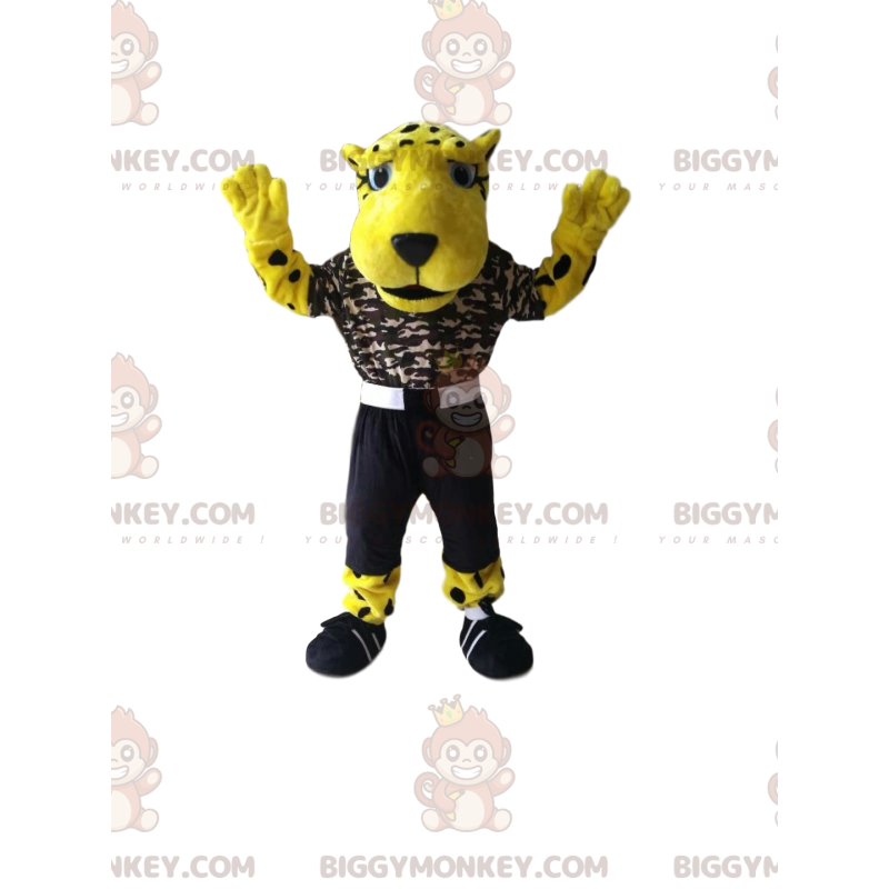 Lindo traje de mascote de leopardo BIGGYMONKEY™ com camisa de