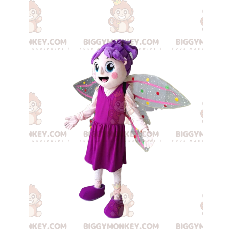 Fairy BIGGYMONKEY™ mascot costume with purple hair and fuchsia