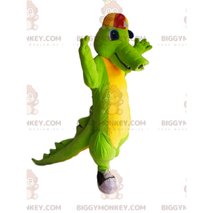 Groene en gele krokodil BIGGYMONKEY™ mascottekostuum met pet -