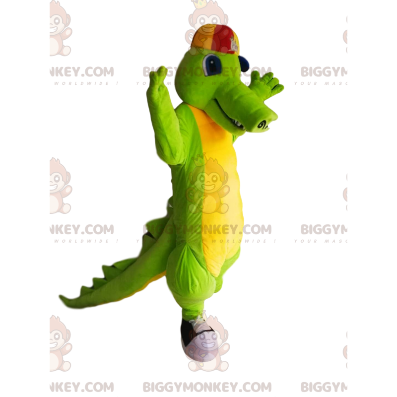 Traje de mascote de crocodilo verde e amarelo BIGGYMONKEY™ com