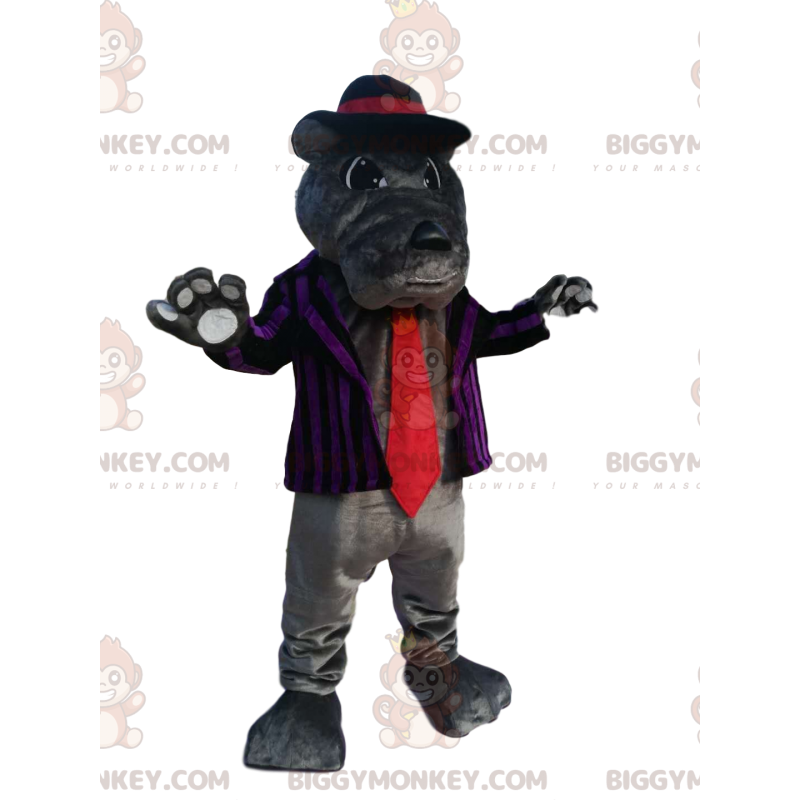 BIGGYMONKEY™ Gray Bulldog Mascot Costume with Striped Jacket