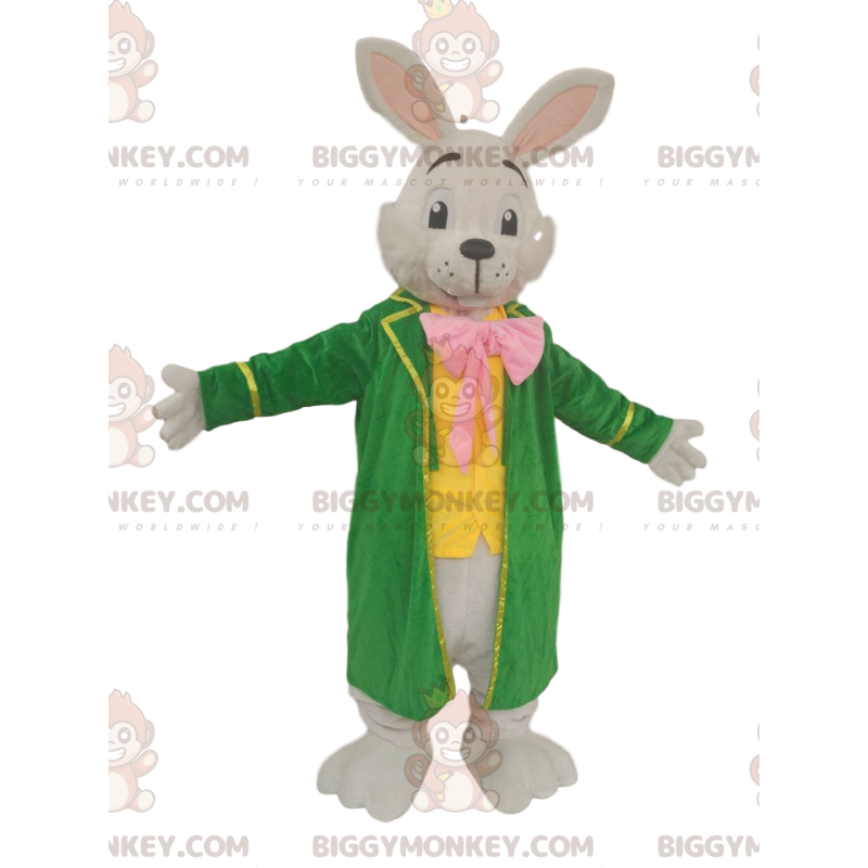 Vit kanin BIGGYMONKEY™ maskotdräkt med stor grön jacka -