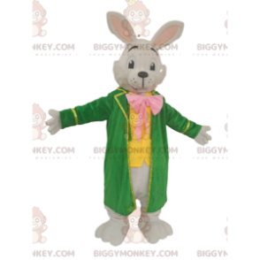 Vit kanin BIGGYMONKEY™ maskotdräkt med stor grön jacka -