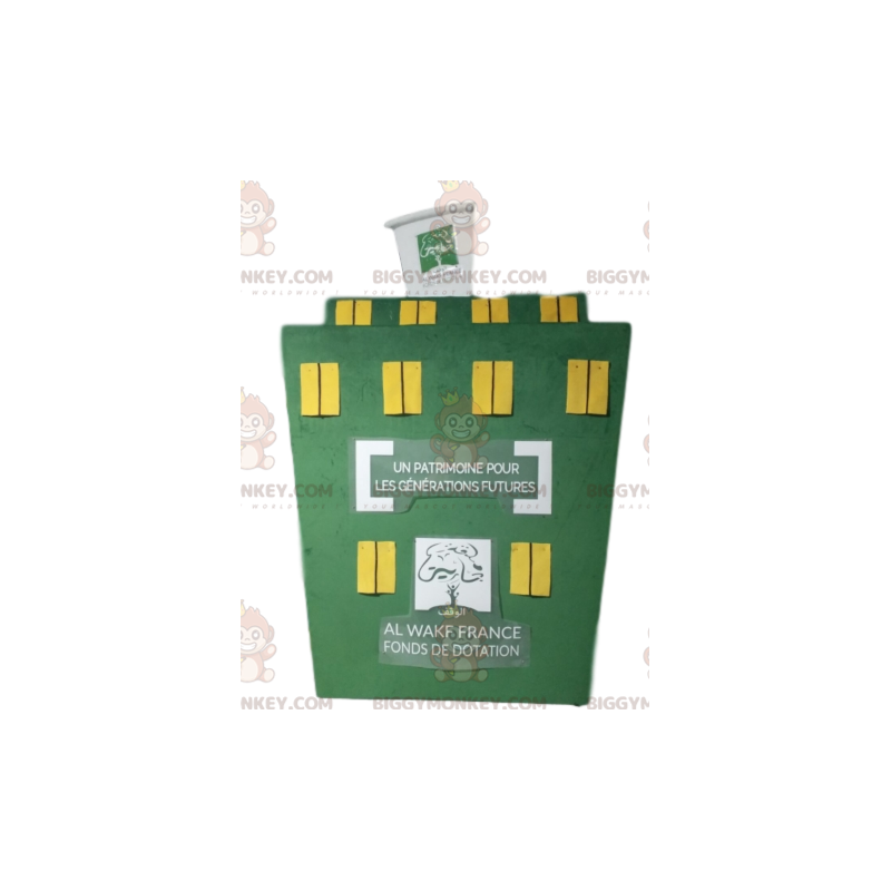 BIGGYMONKEY™ Maskotdräkt Grön byggnad med gula fönster -