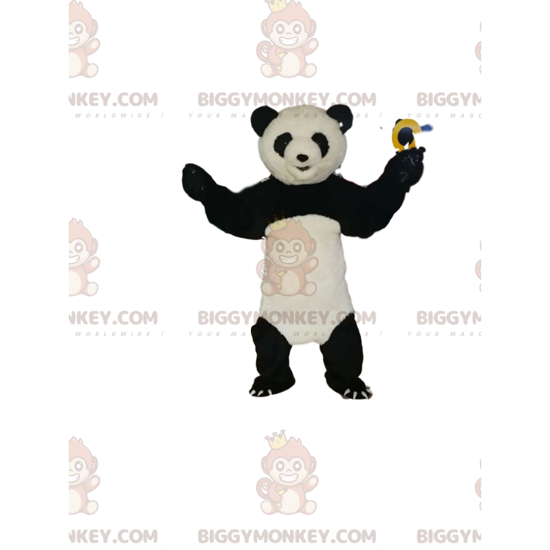 Traje de mascote BIGGYMONKEY™ Panda Preto e Branco Muito Feliz