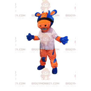 Kostium maskotka pomarańczowo-niebieska krowa BIGGYMONKEY™ z