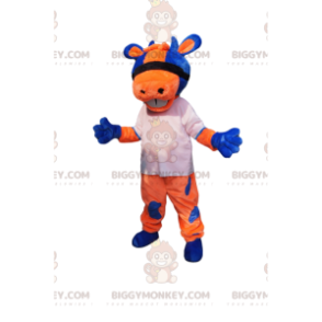 Costume da mascotte BIGGYMONKEY™ da mucca arancione e blu con