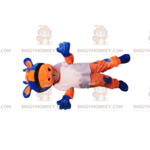 Traje de mascote BIGGYMONKEY™ de vaca laranja e azul com camisa