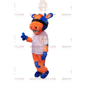 Kostým oranžová a modrá kráva BIGGYMONKEY™ maskota s bílým