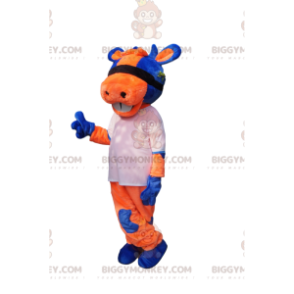 Kostým oranžová a modrá kráva BIGGYMONKEY™ maskota s bílým