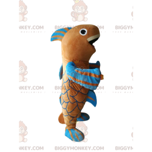 Traje de mascote muito alegre de peixe marrom e azul