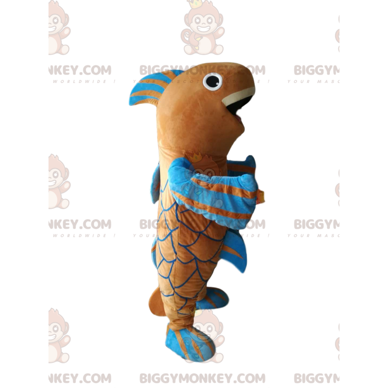 Zeer vrolijke bruine en blauwe vis BIGGYMONKEY™ mascottekostuum