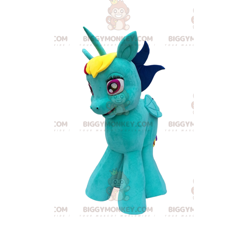 BIGGYMONKEY™ mascot costume of small turquoise unicorn with a