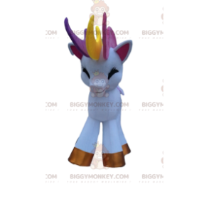 White Unicorn BIGGYMONKEY™ Mascot Costume with Rainbow Mane -