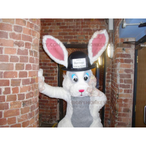 Vit och grå kanin BIGGYMONKEY™ maskotdräkt med stor hatt -