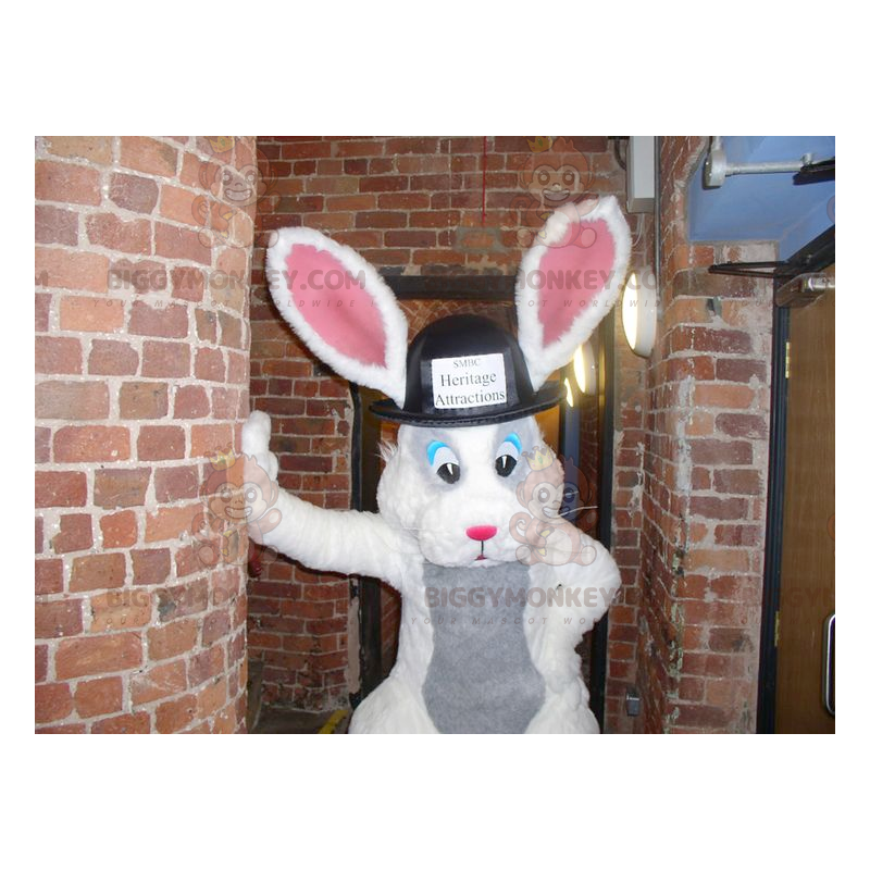 Vit och grå kanin BIGGYMONKEY™ maskotdräkt med stor hatt -