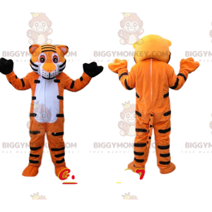 Mycket glad orange och svart tiger BIGGYMONKEY™ maskotdräkt -
