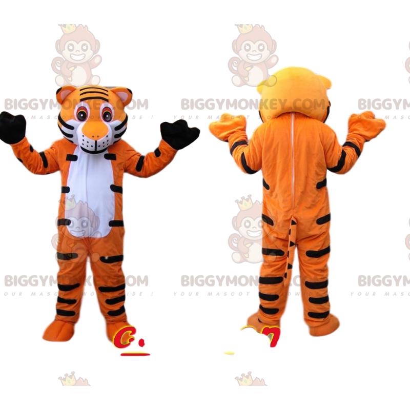 Traje de mascote BIGGYMONKEY™ de tigre laranja e preto muito