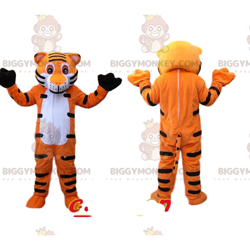 Very Happy Orange and Black Tiger BIGGYMONKEY™ Mascot Costume -