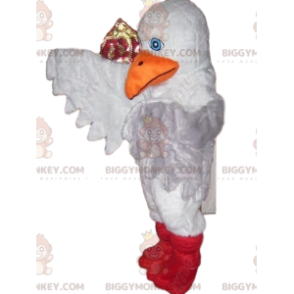 Valkoisen linnun BIGGYMONKEY™ maskottiasu, jossa iso oranssi