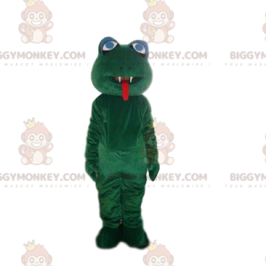 Disfraz de mascota de rana verde con dos dientes afilados