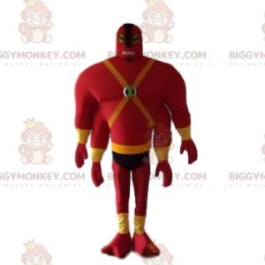 Mand i rødt BIGGYMONKEY™ maskotkostume med fire arme og fire