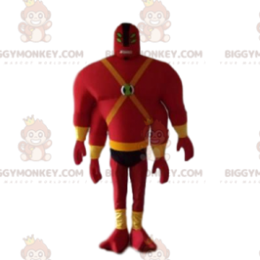 Mand i rødt BIGGYMONKEY™ maskotkostume med fire arme og fire