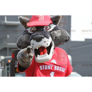BIGGYMONKEY™ maskotkostume Grå ulv i rødt sportstøj -