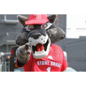 BIGGYMONKEY™ Mascottekostuum Grijze wolf in rood sportkleding -