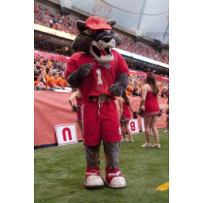 BIGGYMONKEY™ maskotkostume Grå ulv i rødt sportstøj -