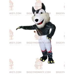 Costume de mascotte BIGGYMONKEY™ de loup gris et blanc avec un