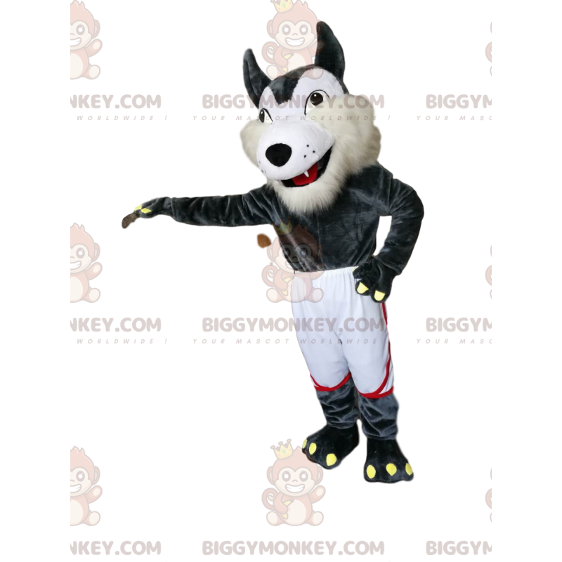 Costume de mascotte BIGGYMONKEY™ de loup gris et blanc avec un