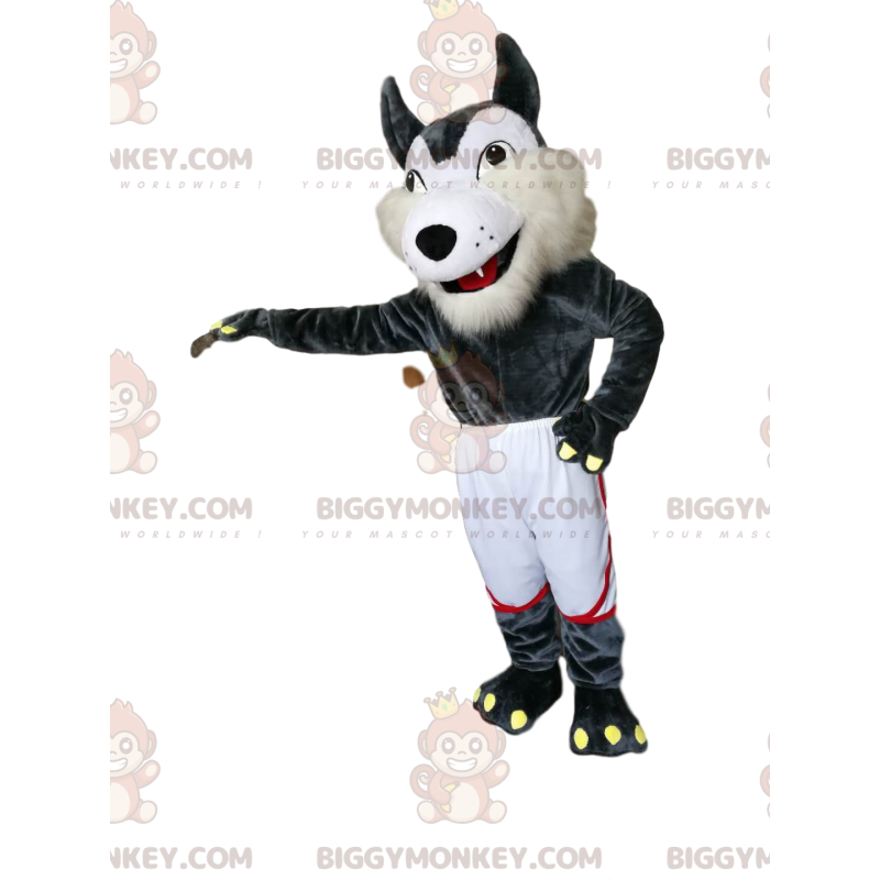 Traje de mascote BIGGYMONKEY™ de lobo branco e cinza com shorts