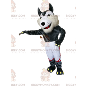 Grau-weißer Wolf BIGGYMONKEY™ Maskottchen-Kostüm mit weißen