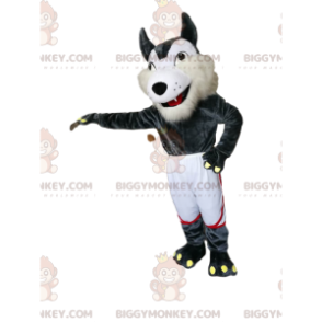 Traje de mascote BIGGYMONKEY™ de lobo branco e cinza com shorts