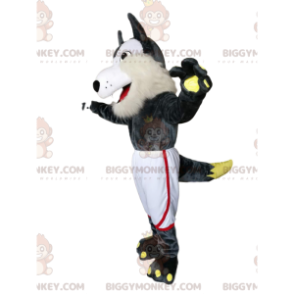 Traje de mascote BIGGYMONKEY™ de lobo branco e cinza com shorts