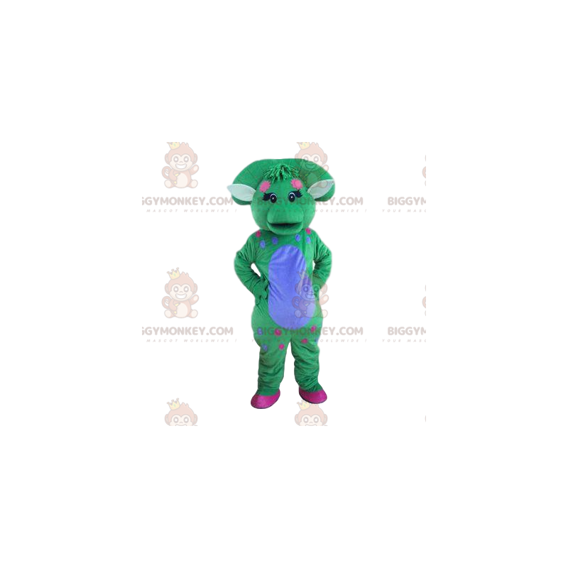 Pastelgroene en blauwe dinosaurus BIGGYMONKEY™ mascottekostuum