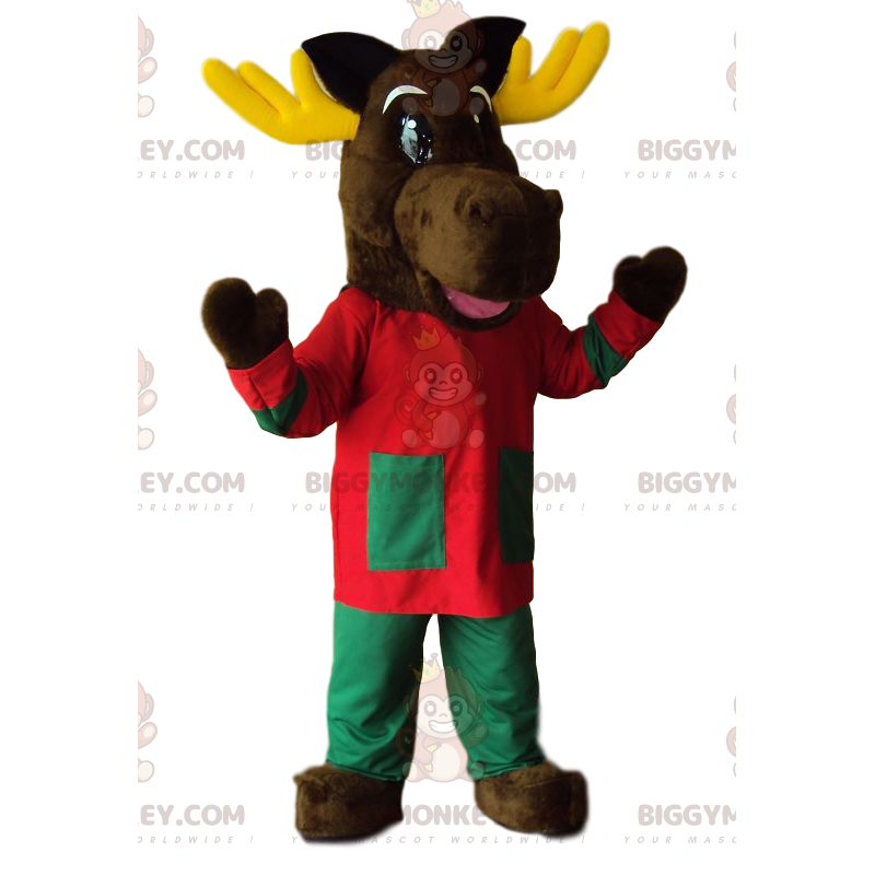 Reindeer BIGGYMONKEY™ Mascot Costume with cute red and green