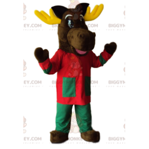 Reindeer BIGGYMONKEY™ Mascot Costume with cute red and green