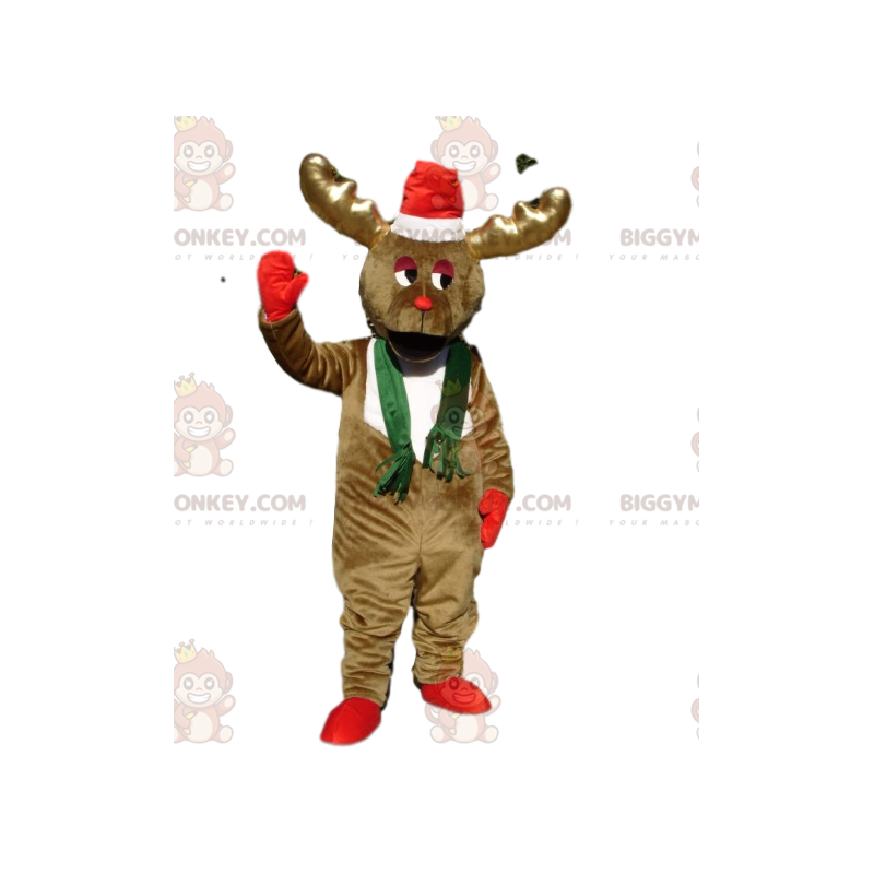 BIGGYMONKEY™ Ice Brown Reindeer Mascot Costume With Santa Hat –