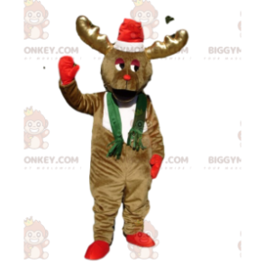 BIGGYMONKEY™ Ice Brown Reindeer Mascot Costume With Santa Hat –