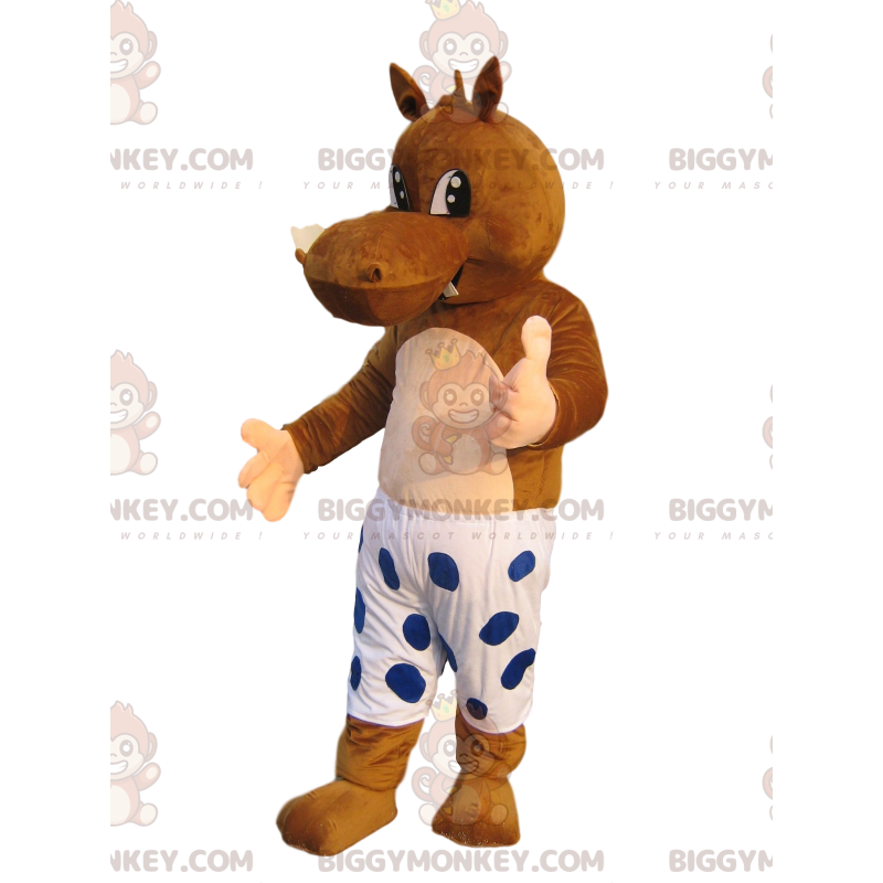 Brown Hippo BIGGYMONKEY™ Mascot Costume with White Shorts and