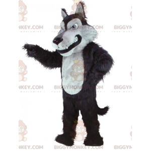 Traje de mascote de lobo preto e branco todo peludo