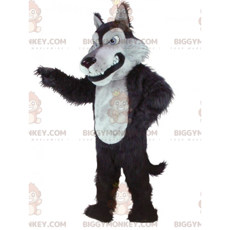 Kostium maskotki włochatego czarno-białego wilka BIGGYMONKEY™ -