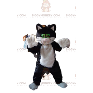 Costume de mascotte BIGGYMONKEY™ de chat noir et blanc avec des