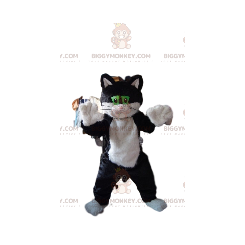 BIGGYMONKEY™ Costume da mascotte Gatto bianco e nero con occhi